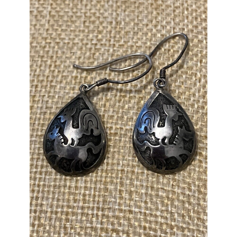 Sterling Silver 925 Earrings Rooster and Horse Tribal Teardrop - Picture 4 of 4